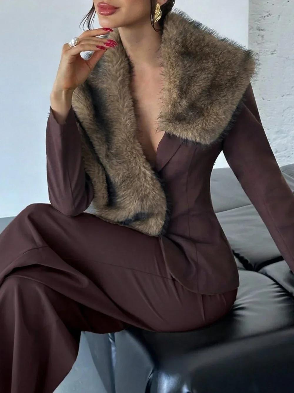 Brown Casual Women's Faux Fur Collar Waist Cinched Long blazer jacket